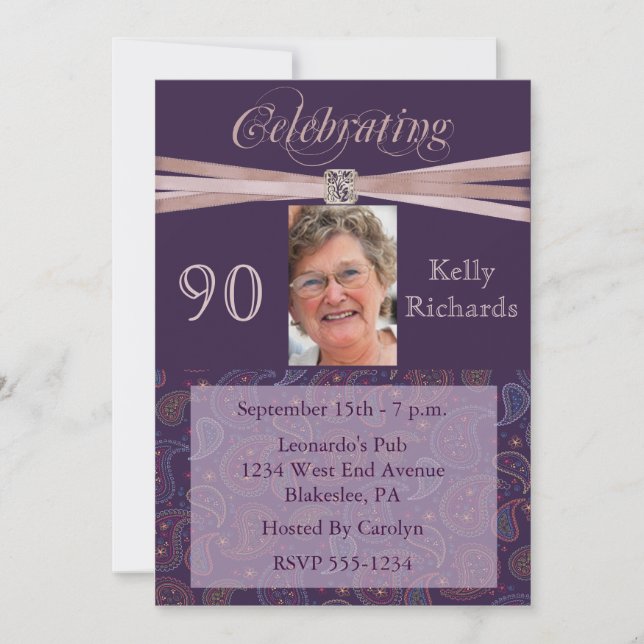 Elegant 90th Birthday Party  Photo Invitations (Front)