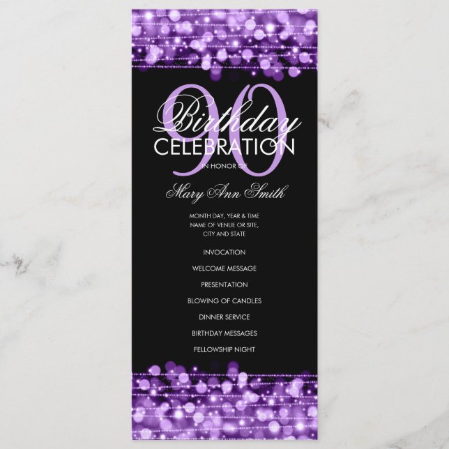 Elegant 90th Birthday Party Program Purple Menu (Front)