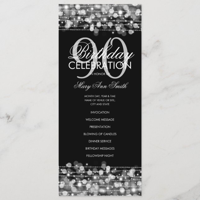 Elegant 90th Birthday Party Program Silver Menu (Front)