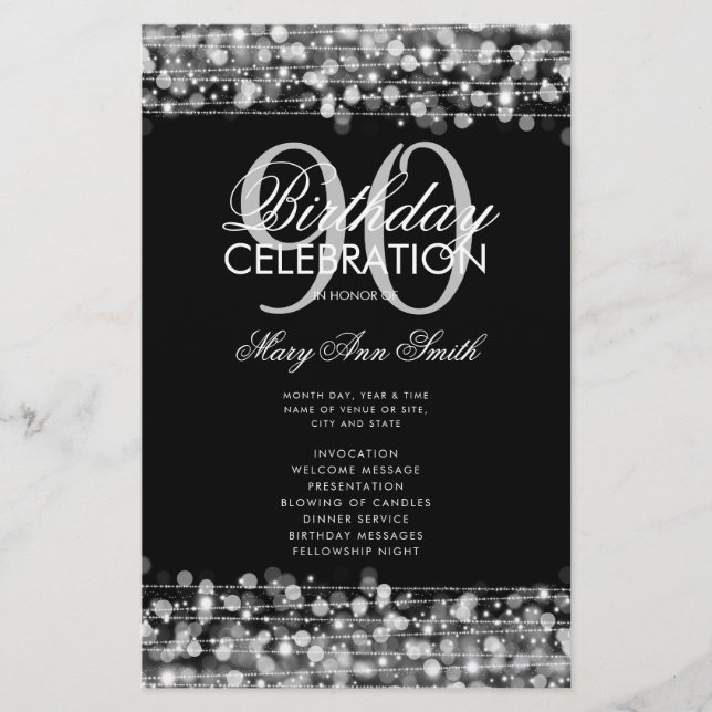 Elegant 90th Birthday Party Program Silver w/ Menu (Front)