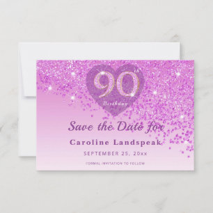 Elegant 90th Birthday Pink Glitter Frosted Heart Save The Date