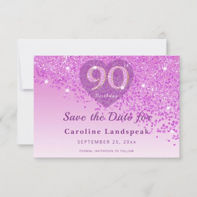 Elegant 90th Birthday Pink Glitter Frosted Heart Save The Date (Front)