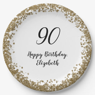 Elegant 90th Birthday Plates With Gold Sequins
