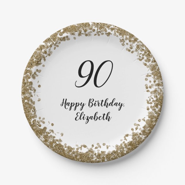 Elegant 90th Birthday Plates With Gold Sequins (Front)