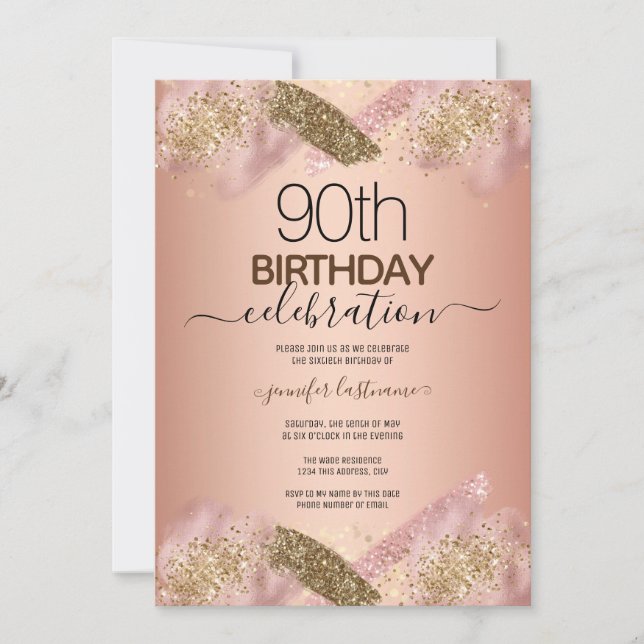 Elegant 90th Birthday Rose Gold Glitter Invitation (Front)