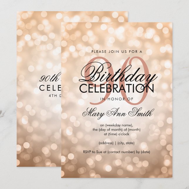 Elegant 90th Birthday Rose Gold Glitter Lights Invitation (Front/Back)