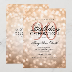 Elegant 90th Birthday Rose Gold Glitter Lights Invitation