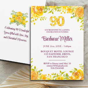 Elegant 90th Birthday – Yellow Roses 90 Years Invitation