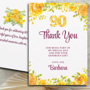 Elegant 90th Thanks – Yellow Roses 90 Years Thank You Card