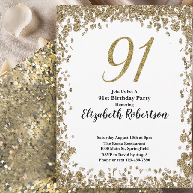 Elegant 91st Birthday Invitation For Her in Gold (Creator Uploaded)