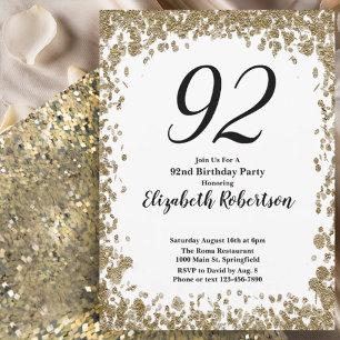 Elegant 92nd Birthday Invitation For Her in Gold