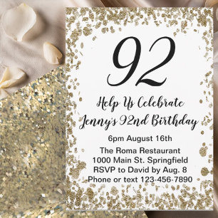 Elegant 92nd Birthday Invitation For Her in Gold