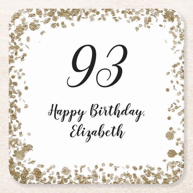 Elegant 93rd Birthday  With Gold Sequins Square Paper Coaster (Front)