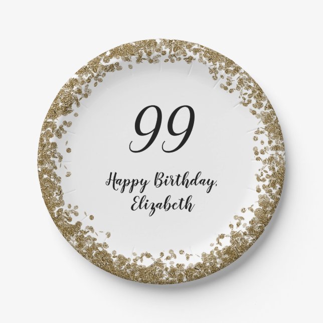 Elegant 99th Birthday Plates With Gold Sequins (Front)