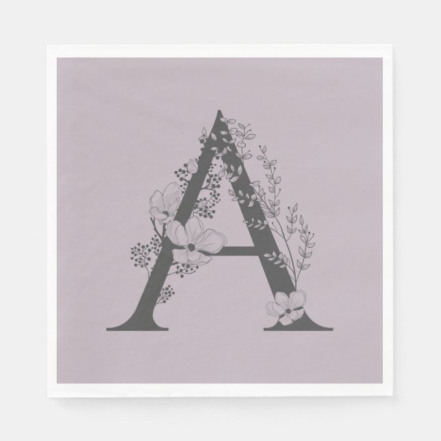 Elegant A Boho Floral Monogram Initial Lilac Grey  Napkin (Front)