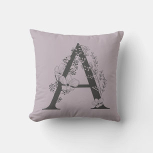 Elegant A Boho Floral Monogram Initial Lilac Grey Throw Pillow