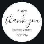 Elegant A Sweet Thank You Wedding Favour Classic Round Sticker<br><div class="desc">Elegant A Sweet Thank You Wedding Favour Classic Round Sticker

Elegant A Sweet Thank You Wedding Favour Stickers
wedding thank you, wedding stickers for favours, a sweet thank you sticker, party favour stickers, wedding box stickers, wedding party favour labels, wedding favour stickers, elegant, thank you stickers,  white</div>