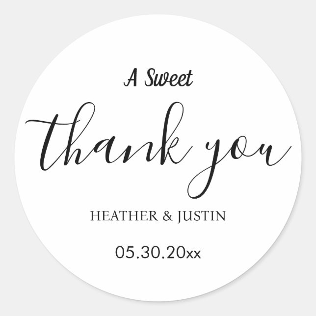  Elegant A Sweet Thank You Wedding Favour Classic Round Sticker (Front)