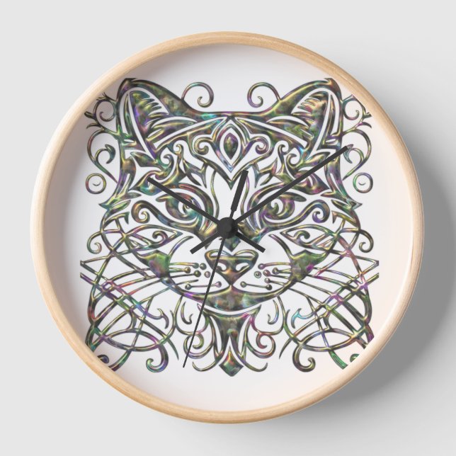 Elegant Abalone Cat Clock (Front)