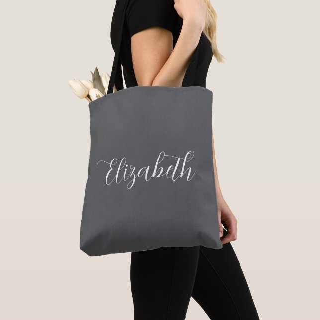 Elegant Abigail Script Personalized Name Grey Tote Bag (Close Up)