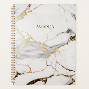 Elegant abstract black and white gold marble stone planner
