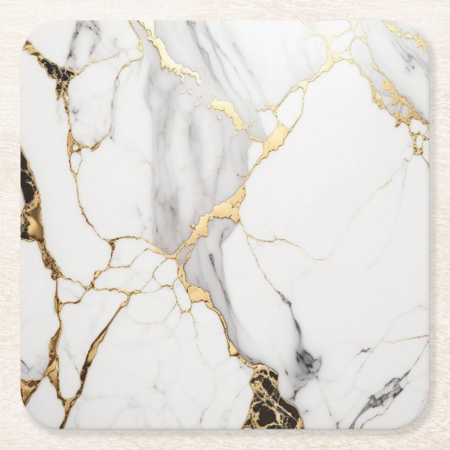 Elegant abstract black and white gold marble stone square paper coaster (Front)