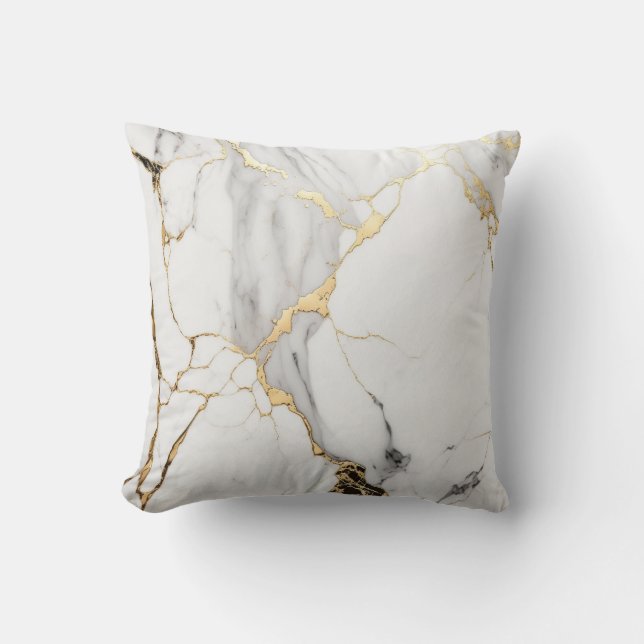 Elegant abstract black and white gold marble stone throw pillow (Front)