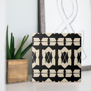 Elegant Abstract Black & Beige Geometric Pattern Tile