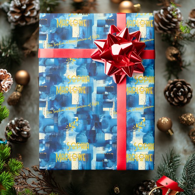 Elegant Abstract Blue Gift Wrap Personalized Text (Creator Uploaded)