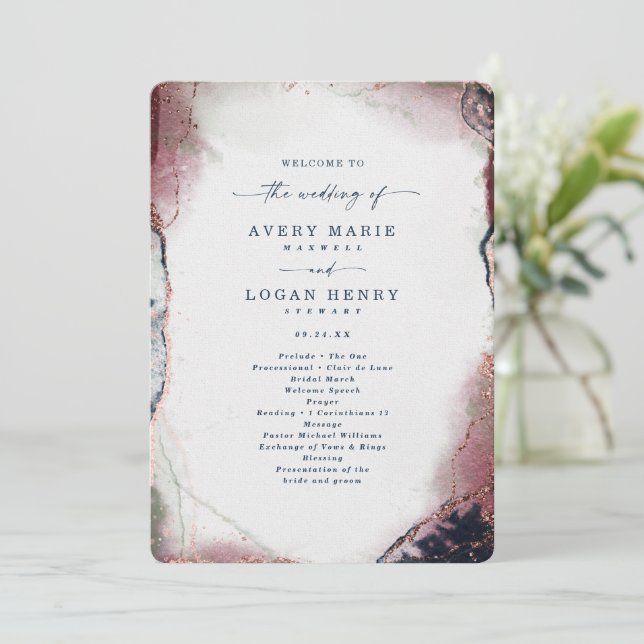 Elegant Abstract Burgundy & Navy Wedding Ceremony Program (Standing Front)