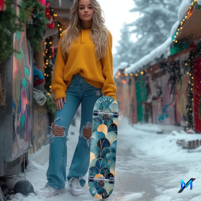 Elegant Abstract Fan Pattern in Contemporary Blue  Skateboard (Creator Uploaded)