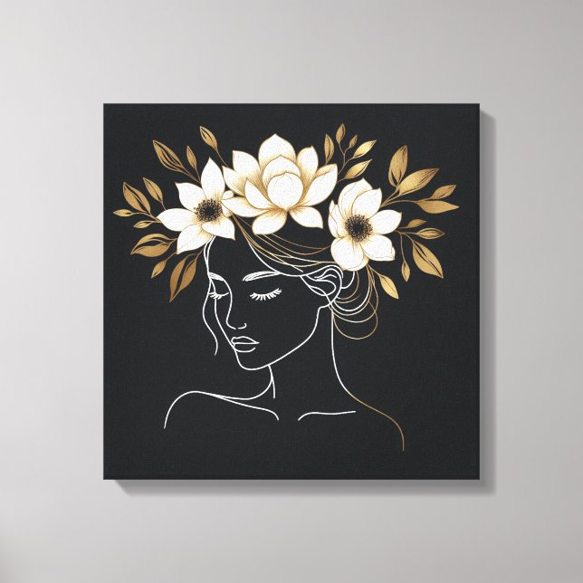 Elegant Abstract Female Line Art with Gold Floral  Canvas Print (Front)