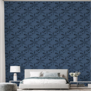 Elegant Abstract Floral Line Art on Marble Blue Wallpaper