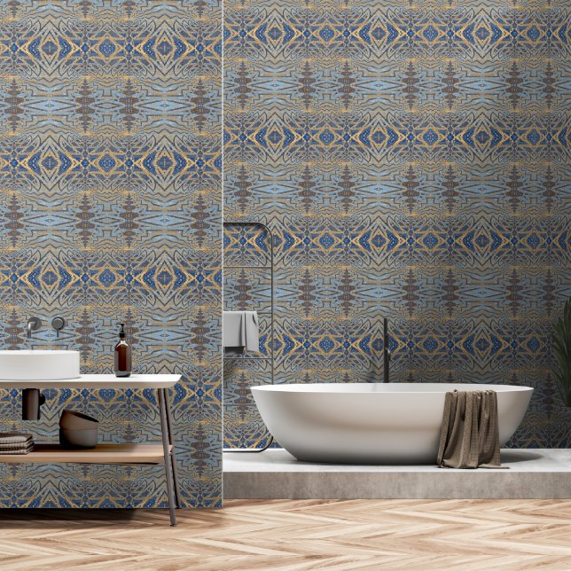    Elegant Abstract Geometric Modern Blue And Gold Wallpaper (Bathroom)