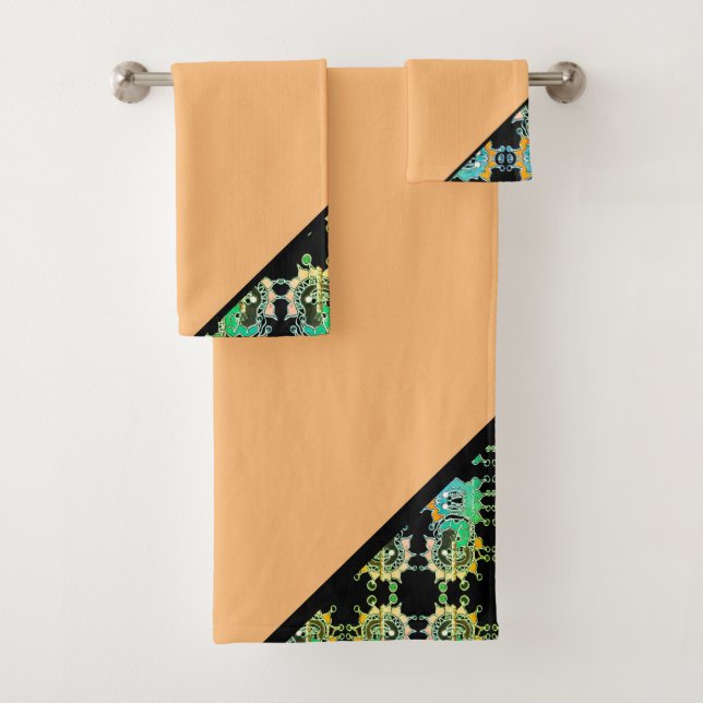 Elegant Abstract Geometric Pattern Orange Bath Towel Set (Insitu)