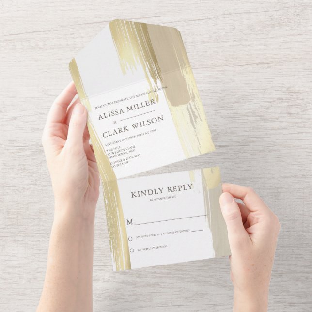 Elegant Abstract Gold And Tan Painterly Wedding All In One Invitation (Tearaway)