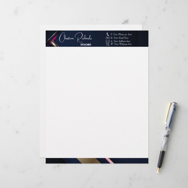 Elegant Abstract Gold Blue Pink Letterhead (Front/Back In Situ)