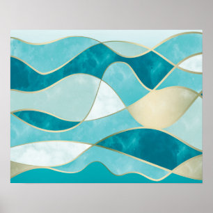 Elegant Abstract Gold Waves & Teal Marble Grunge Poster