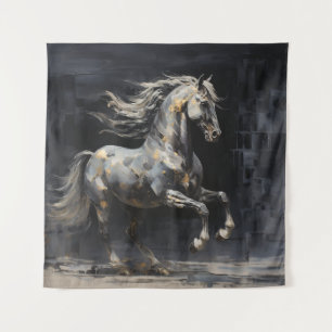 Elegant Abstract Grey with Gold Baroque Horse Tapestry