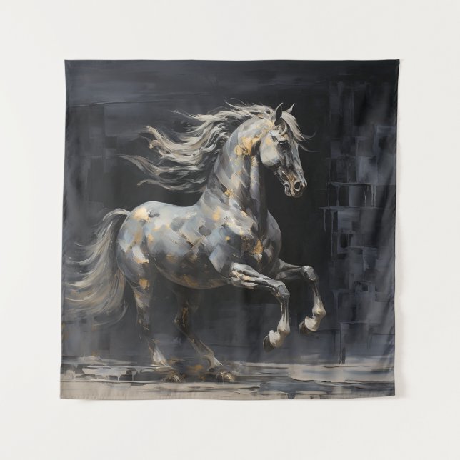 Elegant Abstract Grey with Gold Baroque Horse Tapestry (Front)