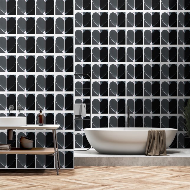 Elegant Abstract Half Hearts Pattern Black & White Wallpaper (Bathroom)