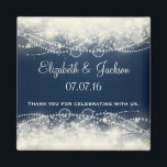 Elegant Abstract Lace and Pearls Wedding Favour Magnet<br><div class="desc">A fancy elegant abstract design with cream coloured lace and pearls made with circles and bubbles. The background is dark blue with faded squares off to the side. Pretty and delicate design. Customize / personalize with the groom and brides name and wedding date, with text that reads" thank you for...</div>