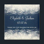 Elegant Abstract Lace and Pearls Wedding Favour Magnet<br><div class="desc">A fancy elegant abstract design with cream coloured lace and pearls made with circles and bubbles. The background is dark blue with faded squares off to the side. Pretty and delicate design. Customize / personalize with the groom and brides name and wedding date, with text that reads" thank you for...</div>