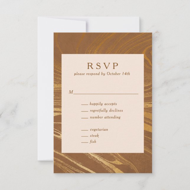 Elegant Abstract Marble Swirl Golden Brown Wedding RSVP Card (Front)