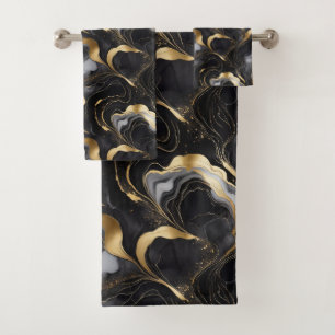Elegant Abstract Marbleized Black, Gold, and White Bath Towel Set