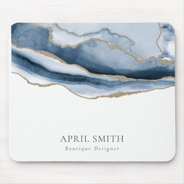 Elegant Abstract Navy Blue Agate Gold Watercolor Mouse Pad (Front)
