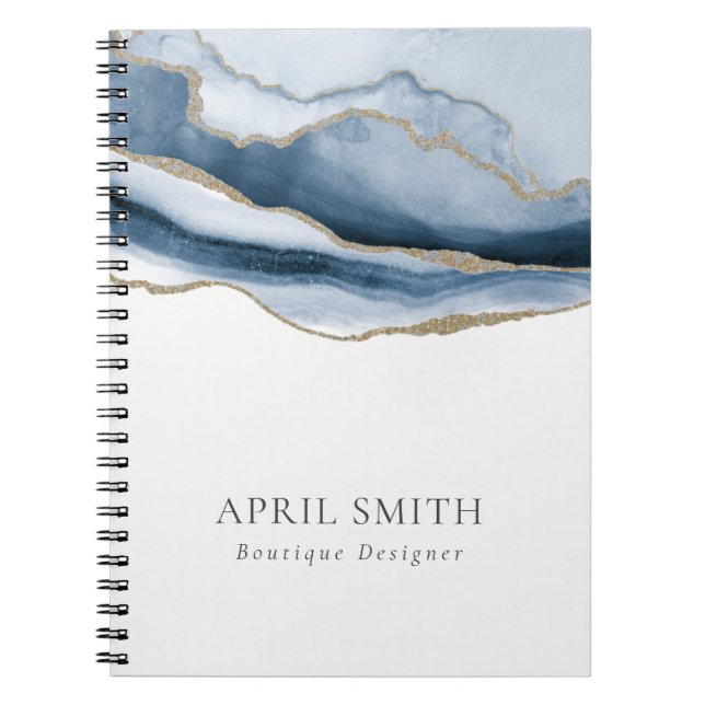 Elegant Abstract Navy Blue Agate Gold Watercolor Notebook (Front)
