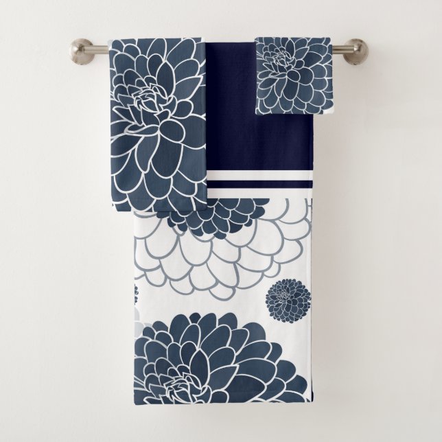 Elegant abstract navy blue dahlia florals  bath towel set (Insitu)