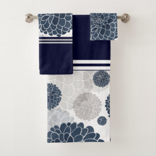 Elegant abstract navy blue dahlia flowers bath towel set