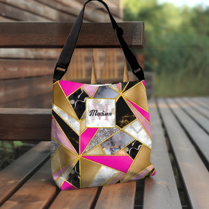 Elegant abstract pink black geometric crossbody bag
